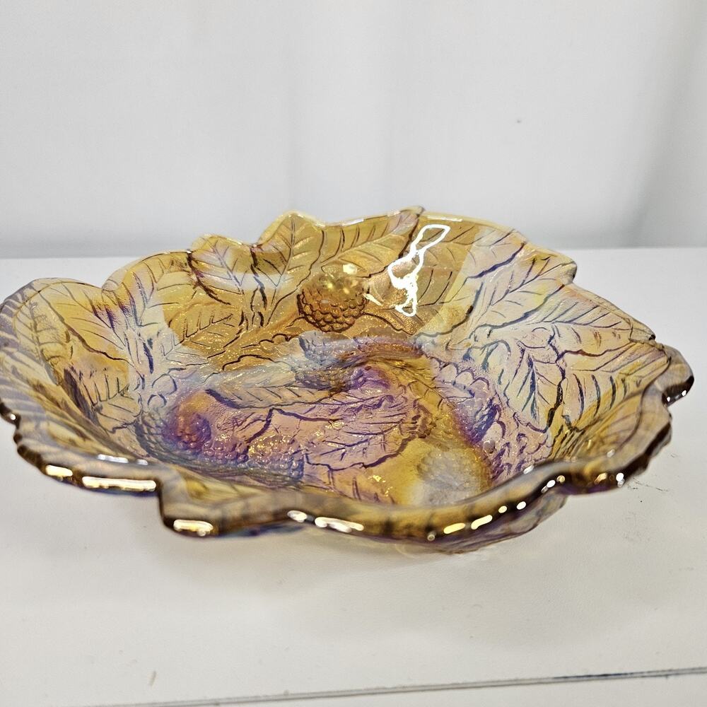 Vintage Carnival Glass Bowl Electric IRIDESCENT MARIGOLD Berries Triangle Dish